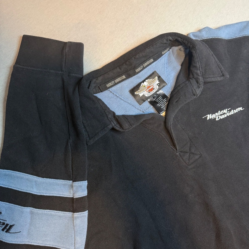 Harley Davidson Mens Long Sleeve Polo rugby Shirt Blue Embroidered Logo‎ Large